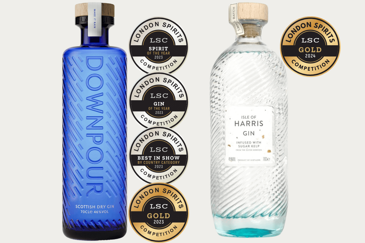 2023 & 2024 London Spirits Competition Winners: (L-R) Downpour Scottish Dry Gin & Isle of Harris Gin